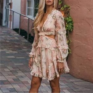 L’atiste criss cross back cut out long sleeve chiffon mini dress size S